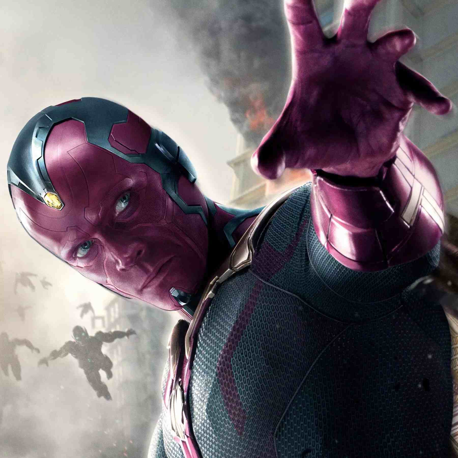 vision avec la main levé dos à des armures d'iron man